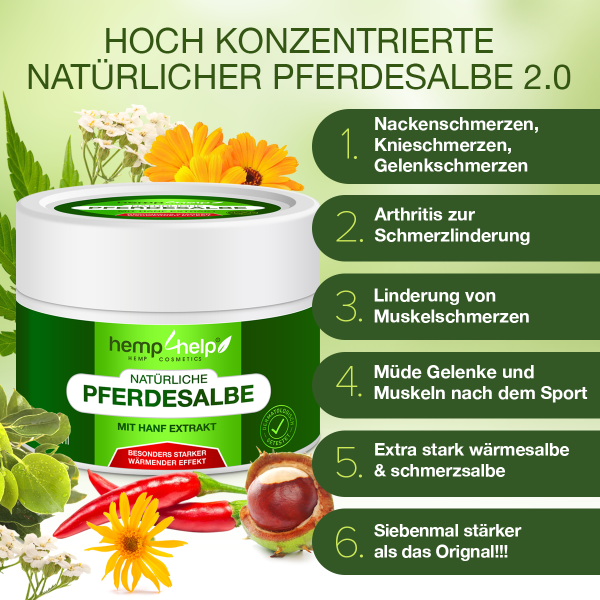 Bio 𝐇𝐀𝐍𝐅 Pferdesalbe Für Mensch Extra Stark WÄRMENDER EFFEKT- Arnika & 18 Bio-Pflanzen-Extrakten bei Knie-, Gelenk-, Nacken- u. Muskelschmerzen, sowie Arthrose u. Rheuma-Ohne Tierversuche