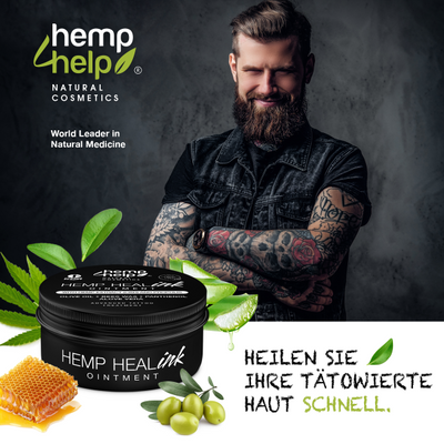 HEMP 4 HELP®️ Hemp Tattoo Cream avoids 96% of the re-pricking thanks to the revolutionary hemp recipe. 50 ml Heal-Ink®️ Tattoo Creme contains olive oil, beeswax, panthenol, aloe vera