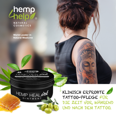 HEMP 4 HELP®️ Hanf Tattoo Creme vermeidet das Nachstechen in 96 % durch die revolutionäre Hanf Rezeptur. 50 ml Heal-Ink®️ Tattoo Creme enthalten Olivenöl, Bienenwachs, Panthenol, AloeVera